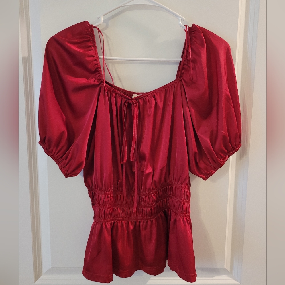 Flower & Feather Red Satin Blouse Top
